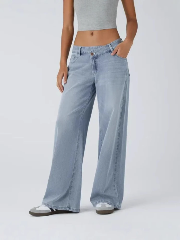 

Deeptown Blue Asymmetrical Women Jeans Vintage Washed Wide Leg Straight Denim Pants Black Baggy High Waist Basic Trousers Casual