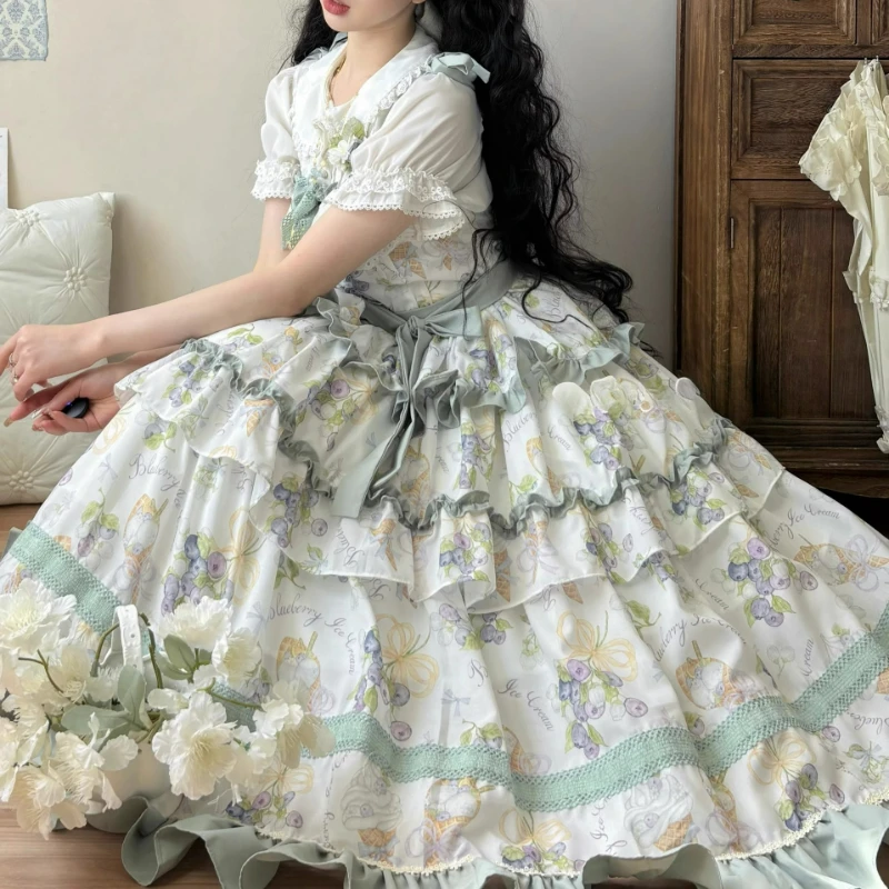 

Kawaii милое платье принцессы с принтом винограда и оборками и бантом, винтажное вечернее платье, милое элегантное женское платье Лолиты Jsk в викторианском стиле