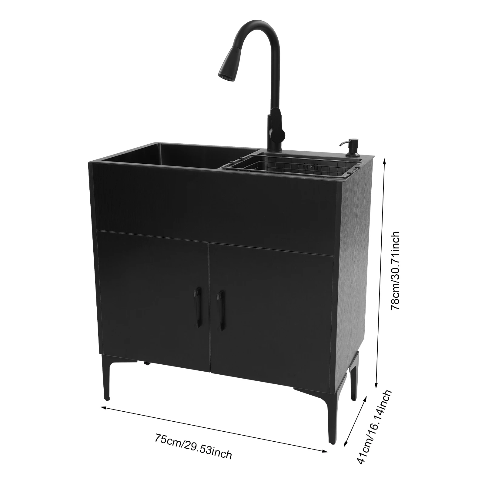 خزانة بالوعة، مجموعة كاملة من المطابخ المصنوعة من الفولاذ المقاوم للصدأ بالوعة سوداء، حوض أخدود مزدوج، صنبور قابل للسحب، سلة تصريف، أنابيب تصريف