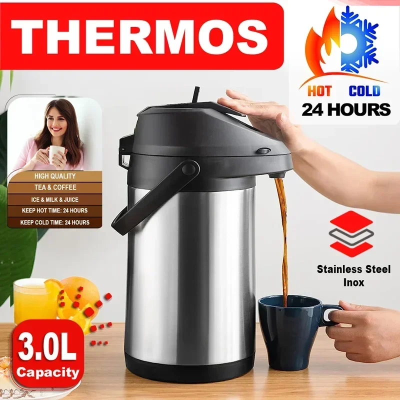 Airpot Thermos Coffee Carafe Insulated Inox Stainless Steel Coffee Beverage Dispenser with Pump Thermal Vacuum Jug Termo