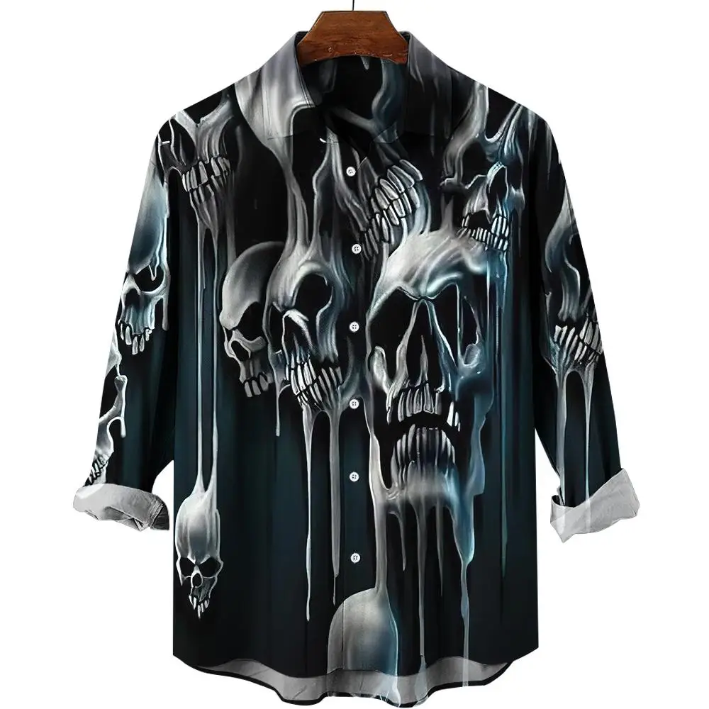 Skull Long Sleeve Shirt 3d Print Party Men\'s Shirt Retro Street Casual Fashion Men Skull Button Long Sleeve Shirt Men Clothing