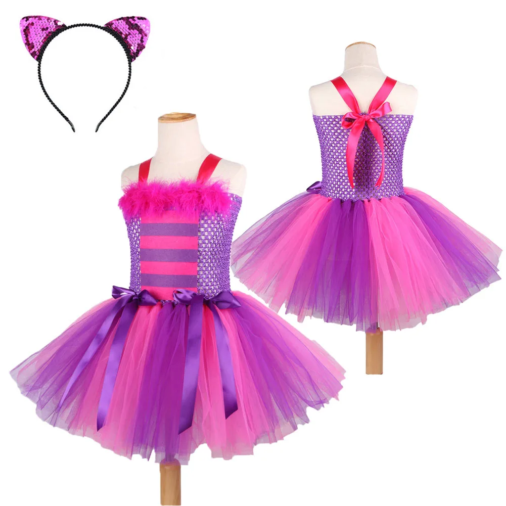 Kids Children Cheshire Cat Cosplay Costume Girls Tutu Dress Pink Purple Cartoon Roleplay Dress Headband Halloween Party  Suit