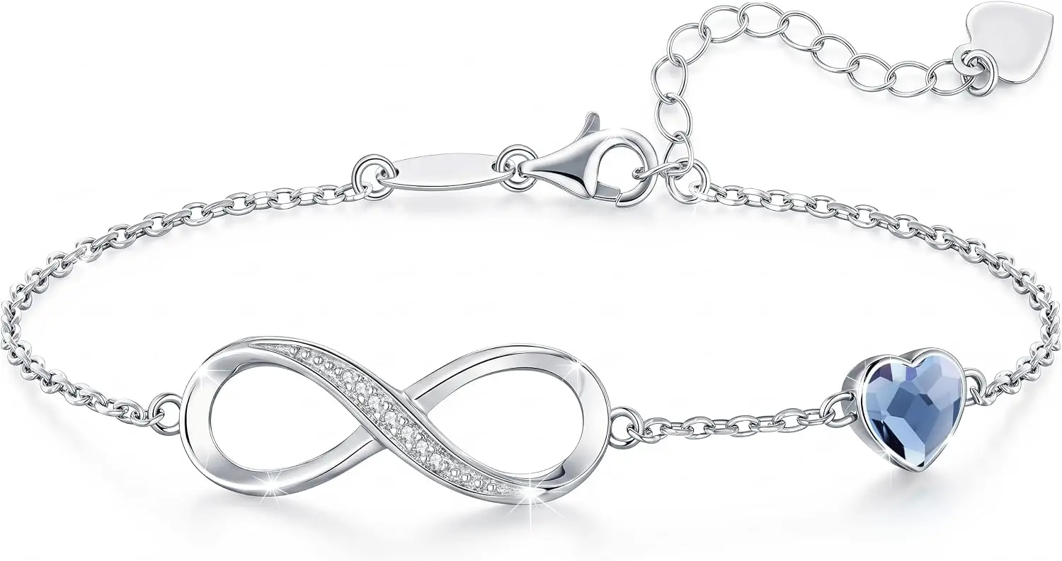 Pulsera de Plata de Ley 925 con Símbolo de Infinito y Piedra de Nacimiento, Regalo de Joyería para Mujer | Hipoalergénico, no se deslustra, con circonita cúbica en forma de corazón, sin níquel ni plomo