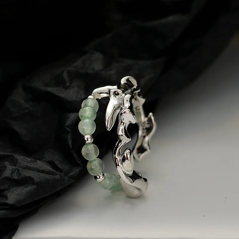 F.I.N.S Original Irregular S925 Sterling Silver Open Rings Aventurine Jade Stone Beads Layered Adjustable Finger Fine Jewelry