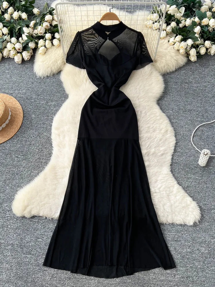 Ele Bla  Dr with Hollow out Design ort Sve High Waist Bodycon Skirt for Women New Chinese Sle