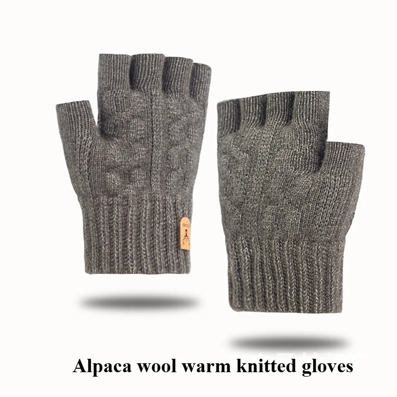 Winter Gloves For Men Half Finger Writting Office Cycling Knitted Gloves Students Alpaca Wool Warm Thick Elastic Driving Gloves