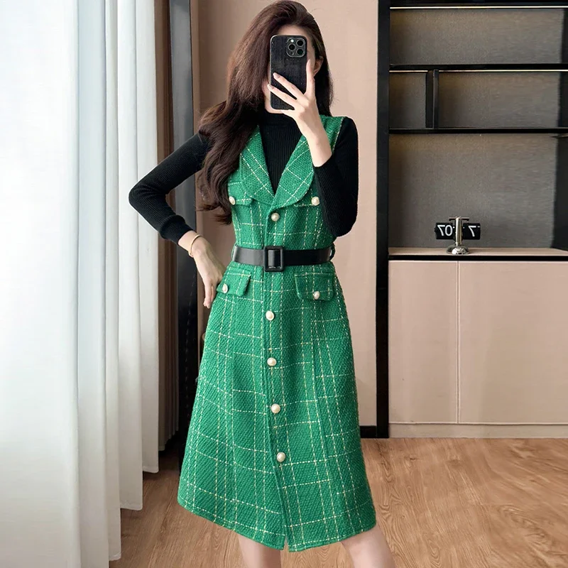 Women Plaid Tweed Two Piece Set Sleeveless Midi Dress Long Sleeve Knit Base Shirt Autumn Winter Outfit