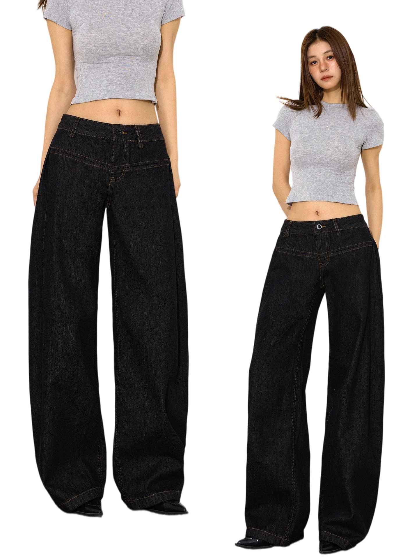 

Low Waist Wide Leg Banana Jeans Loose Fit Original Color Long Pants for Women Winter Spring Cotton Zipper Closure