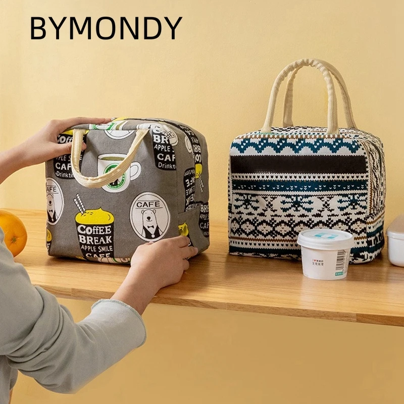 

BYMONDY Fashion Printing Lunch Bags for Women Work Office Thermal Food Storage Bento Tote Bag Hemp Insulated Lunch Box Picnic