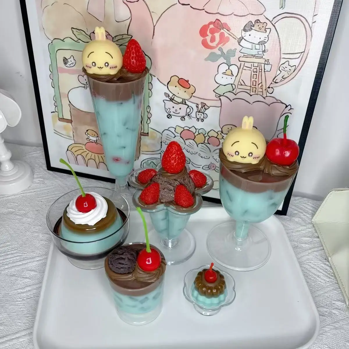 غرفة الديكور خمر نمط لطيف بودنغ الحلي النعناع الشوكولاته الحلوى ديكور نافورة الصودا الفيلم الدعائم لطيف بودنغ