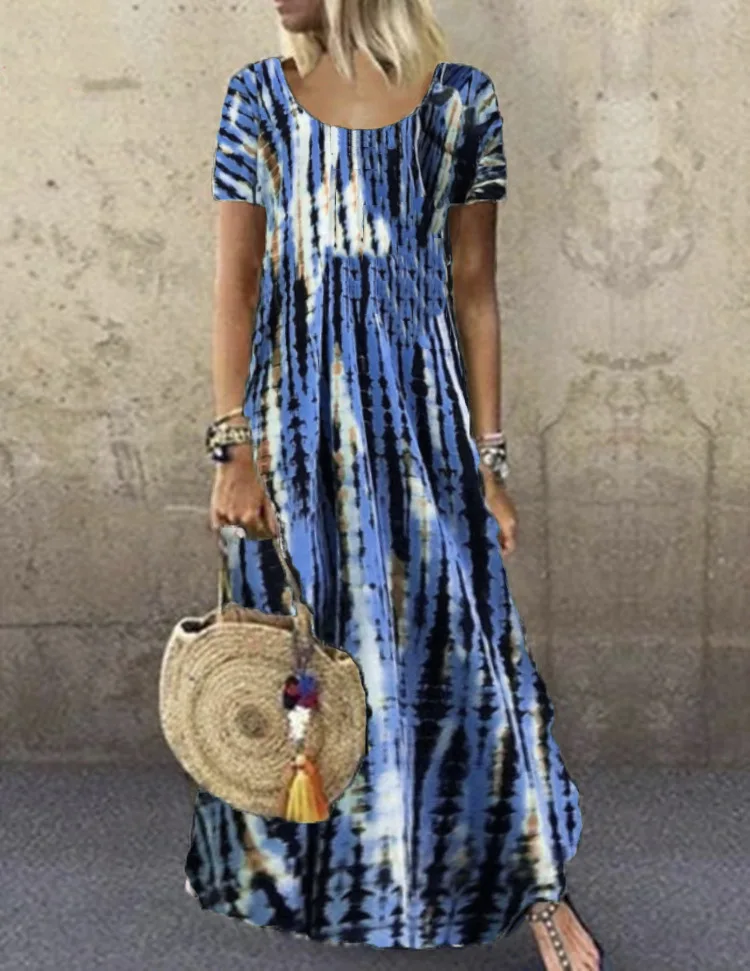 تنورة طويلة مطبوعة بربطة عنق ، فستان كاجوال برقبة مستديرة ، أكمام قصيرة ، أوربية وأميركية ، جديدة ، صيفية