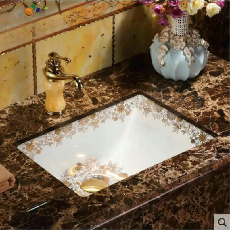 

Прямоугольная раковина Gloden Flower под столешницей, овальная керамическая раковина для ванной комнаты, раковина для ванной комнаты