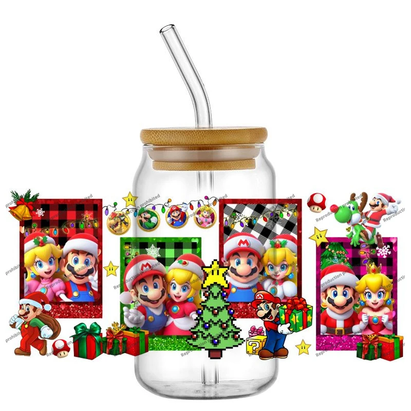 

Christmas UV DTF Cup Mug Wraps Car Sticker Mario DIY Deca For 16oz Libbey Glass Creative Cup Label Holiday gifts