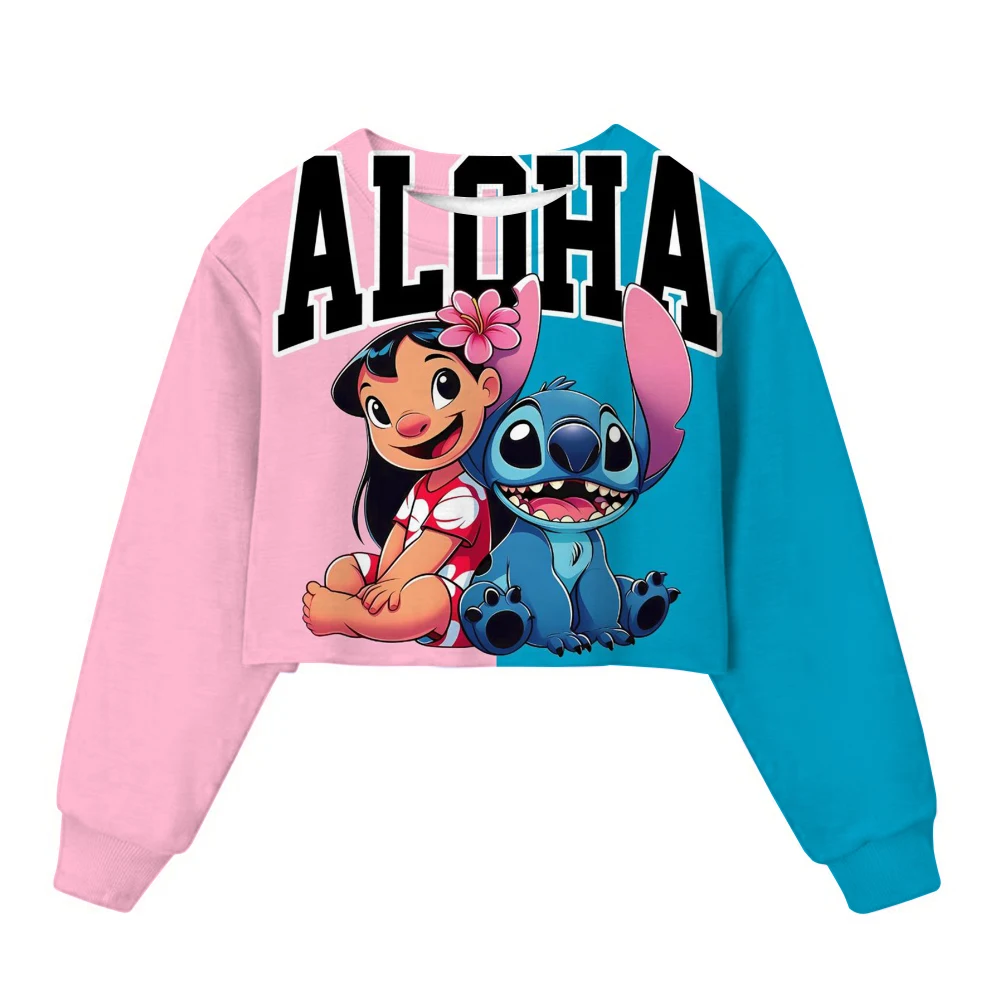 Lilo Stitch Tie-dyed Sweatshirt for Girl Crop Pullover Crew Neck Child Sportwear Long Sleeve Cute Cartoon Kids Autumn Clothes