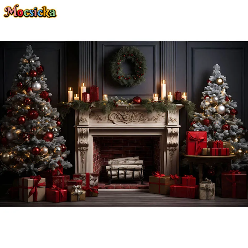 Classy Christmas Fireplace Photography Backdrops Xmas Tree Classic Black Wall Decor Photo Background Kids Portrait Studio Props