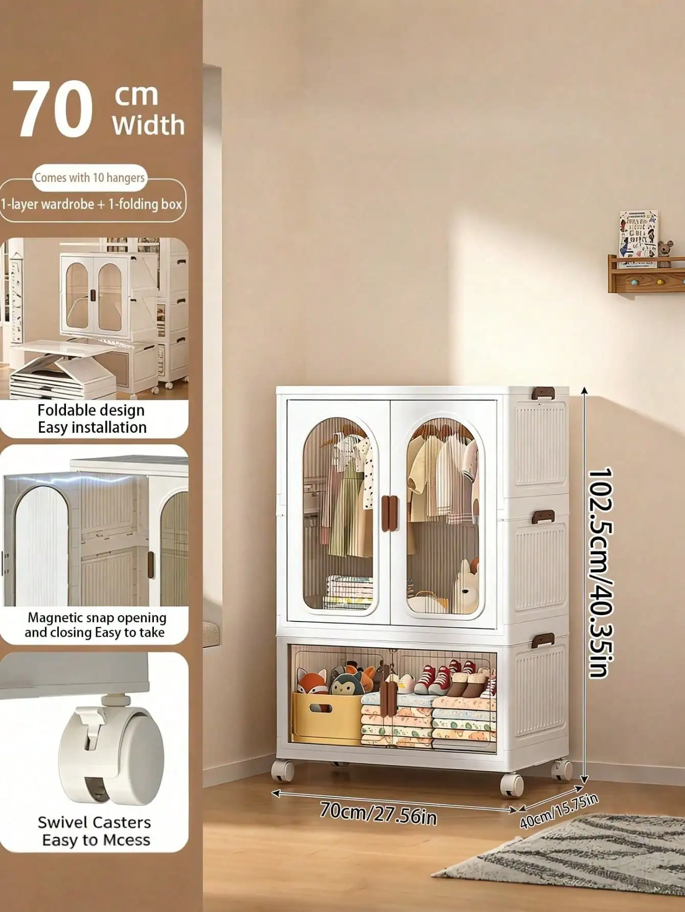 70cm 27.55 Inch Large Foldable Wardrobe Storage Box White Plastic Stackable Storage Bins With Wheels Clear Front Doors Collapsible Hanging Clothing Cabinet For Bedroom Closet Storage Gift view 2