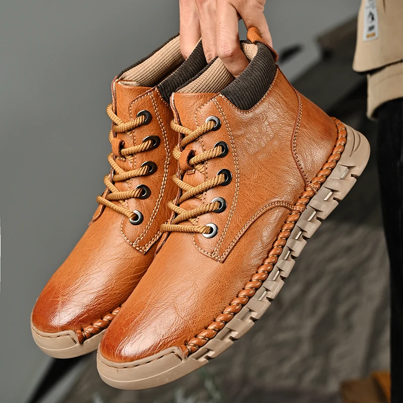 

Men High Top Boots PU Flat Bottom Lace Up Solid Color Bare Boots Fashion Casual Men Boots Size 38-46