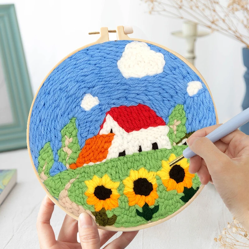 

Embroidery Punch Needle Kits For Beginners Sunflower Wool Poke Embroidery Set Landscape Easy Craft Rug Hooking Kit Home Decor