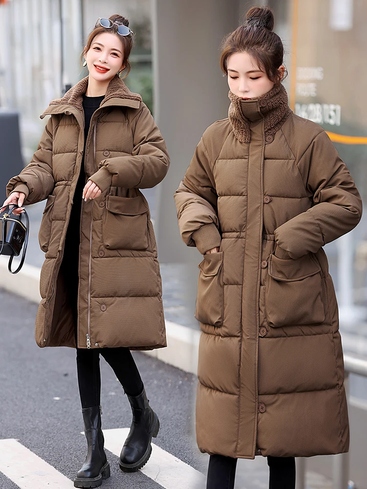 

Thiened Long down Cotton Jaet Women's Winter New Sle Knee-Length Waist-Cinching Coat Large Collar Warm Cozy Outerwear