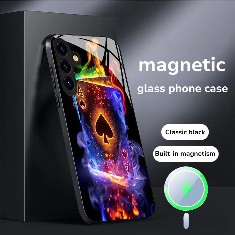 Poker design tempered glass magnetic phone case suitable for Samsung Galaxy S26 S25 S24 S23 S22 S21 S20 FE/Ultra/Plus anti drop