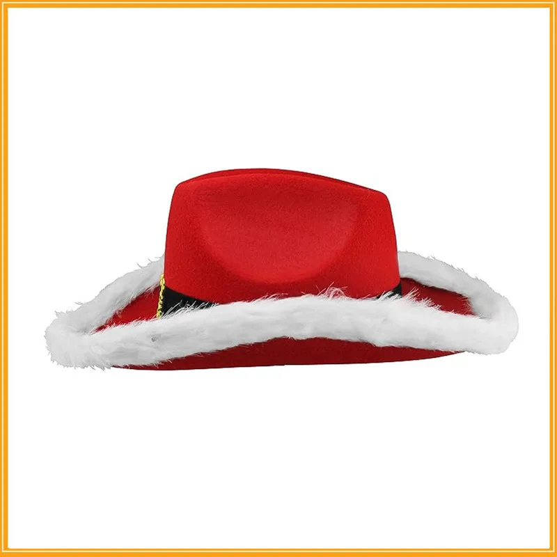 Christmas Party Cowboy Feather Hat Faux Fur Trimmed Non Glow Red Santa Hat Western Carnival Hat