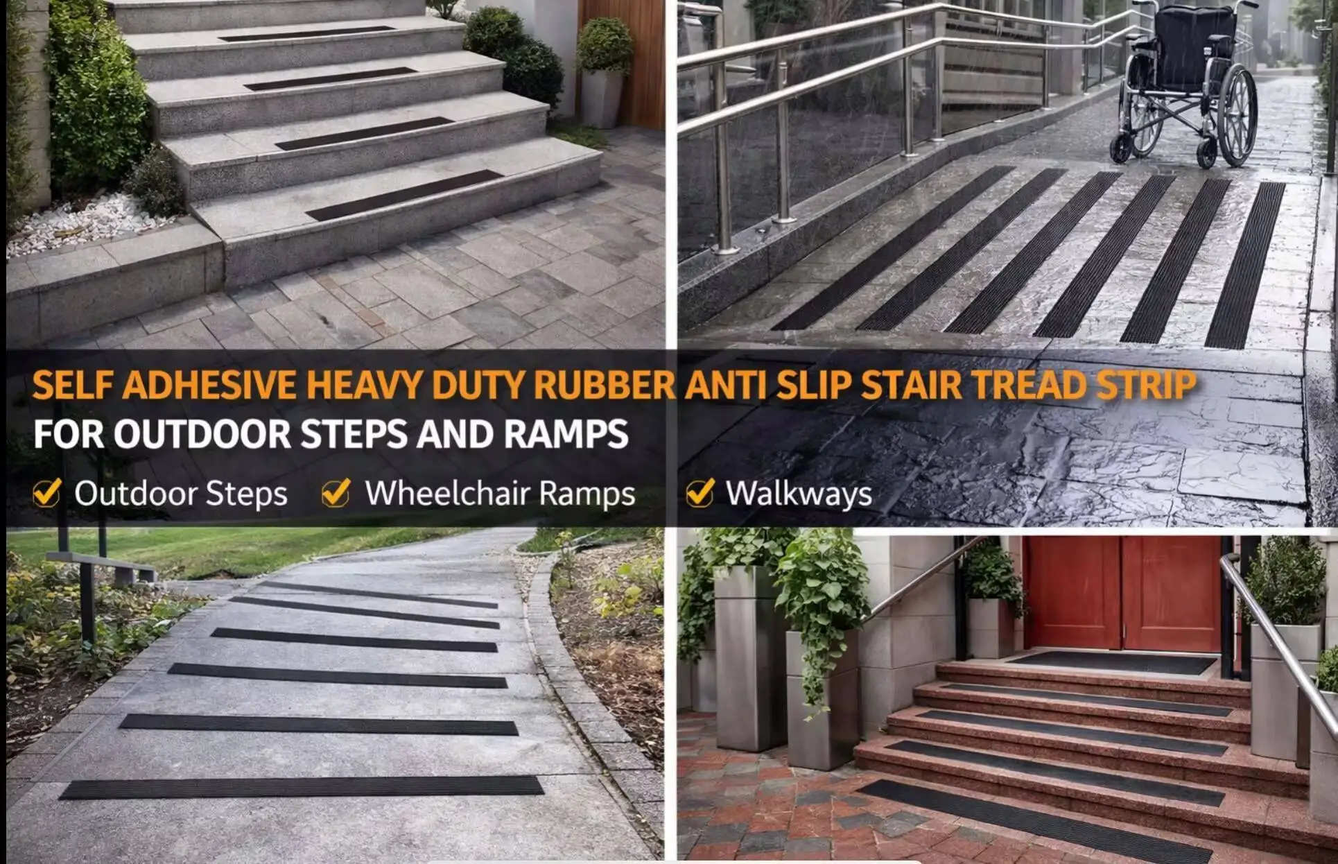 Factory Direct Self Adhesive Heavy Duty Rubber Anti Slip Stair Tread Strip, Multi Size for Outdoor Steps and Ramps