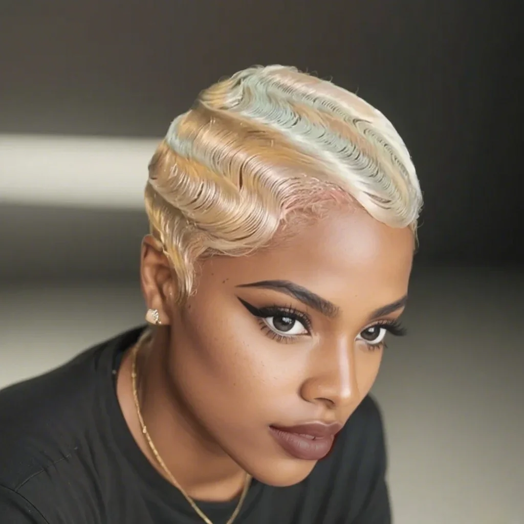 

613 Блондинка с стрижкой пикси, короткие волны на пальцах, человеческие волосы, полностью машинное производство для женщин, естественный вид