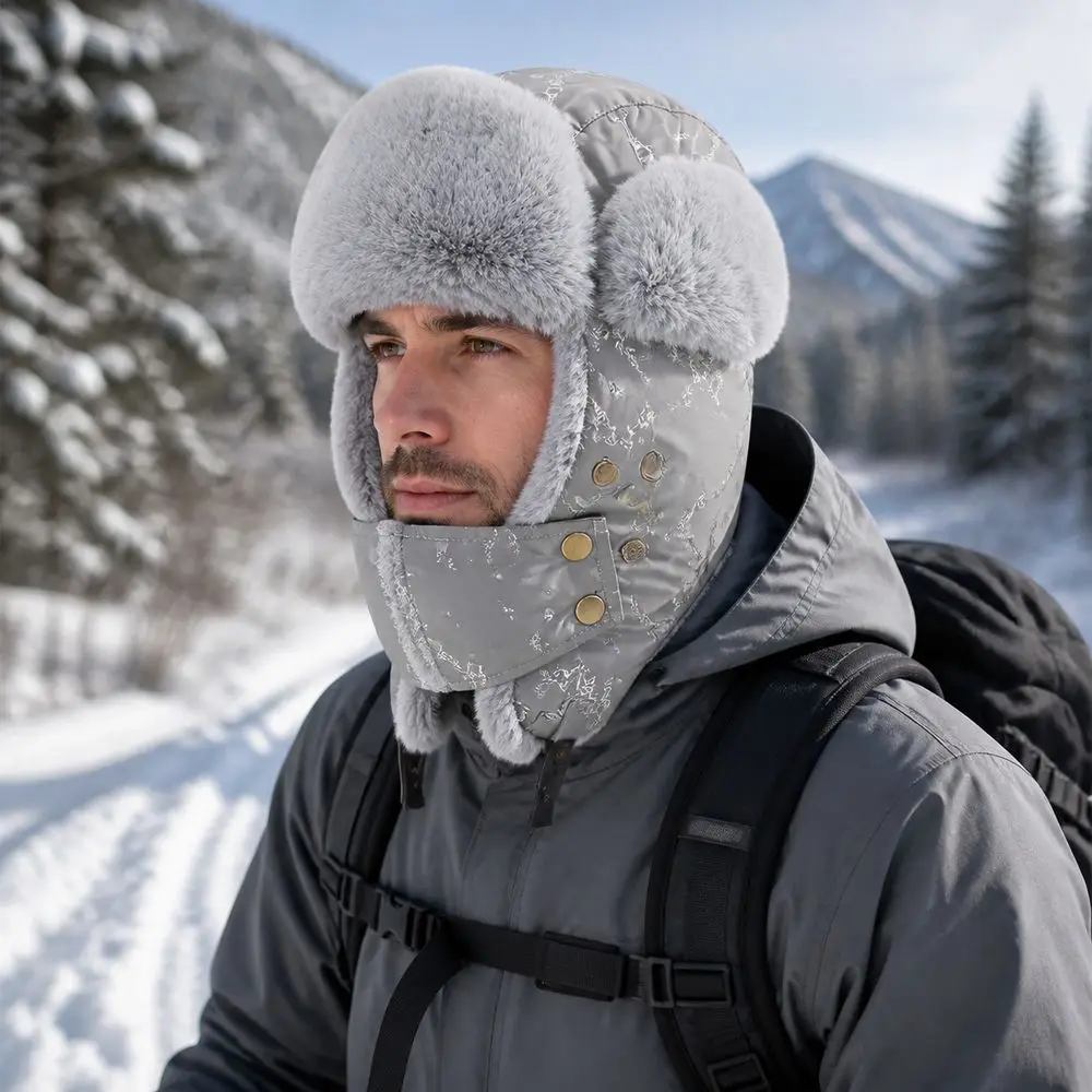 New Faux Fur Lining Warm Trapper Hat With Facemask Waterproof Earflap Hat Night Reflective Bomber Hat Cycling