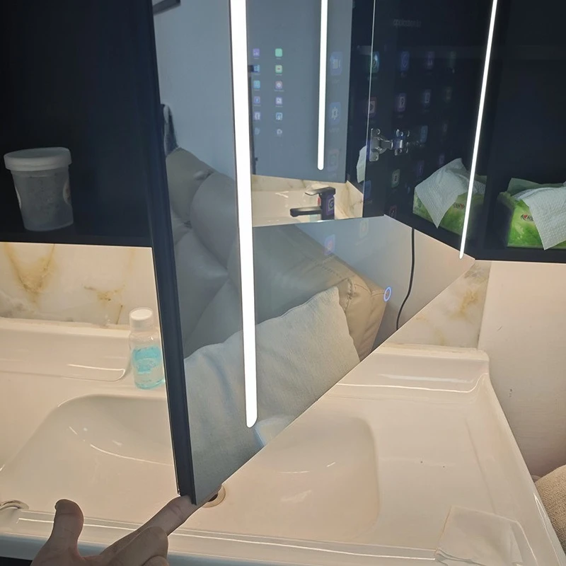 Bathroom Mirror Cabinet With Smart Mirror Touch Screen Smart Home Bathroom Cabinet Three Door Storage Cabinet Stainless Steel