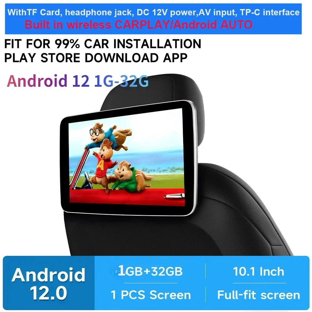 10.1 Inch Android 12 Auto Hoofdsteun Monitor Ips Tv-Scherm Met Av Wifi Mirroring Hdmi 4G Auto Achterbank Scherm Videospeler