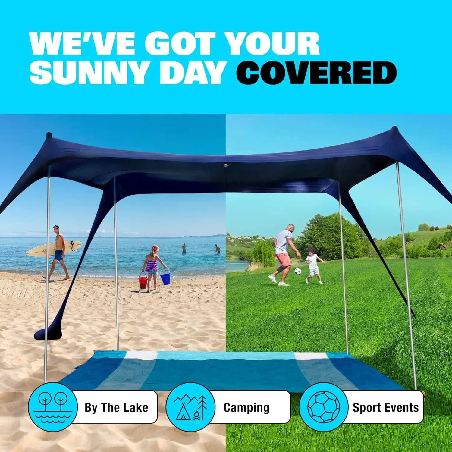 Beach Tent Sun Shelter with UPF50+ Protection, Includes Sand Shovel, Ground Pegs and Stability Poles