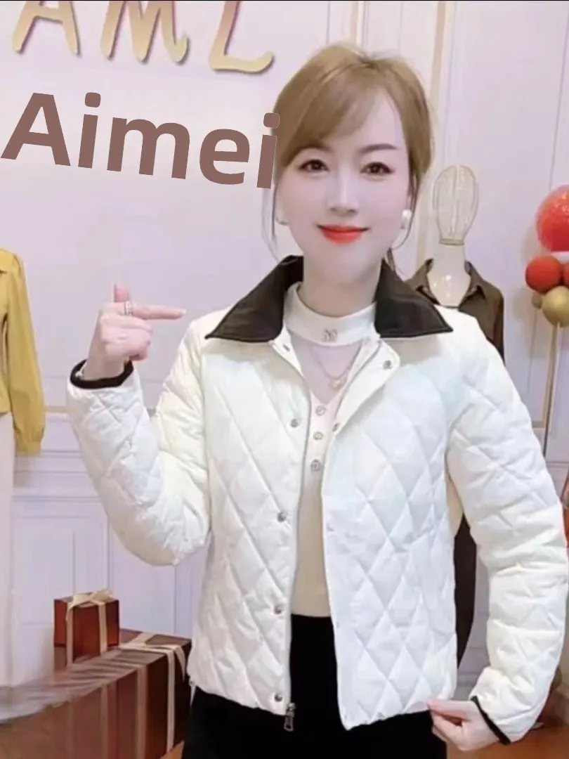 

Fashionable Short Lightweight Diamond Stitch Cotton Jacket Slimming Warm Outerwear for Women Straight Cut Long Sleeve Co...