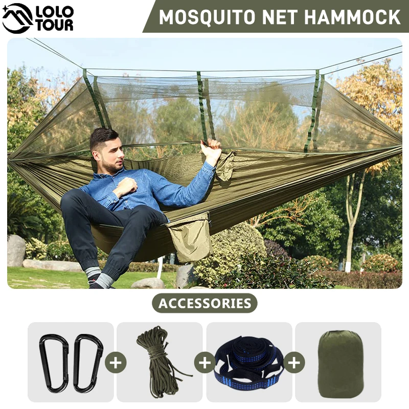 Portable Outdoor Army Green Net Hammock Anti-mosquito Hamac Parachute Hamak Swing Bed Hammock Suitable For 2 People Camping Park