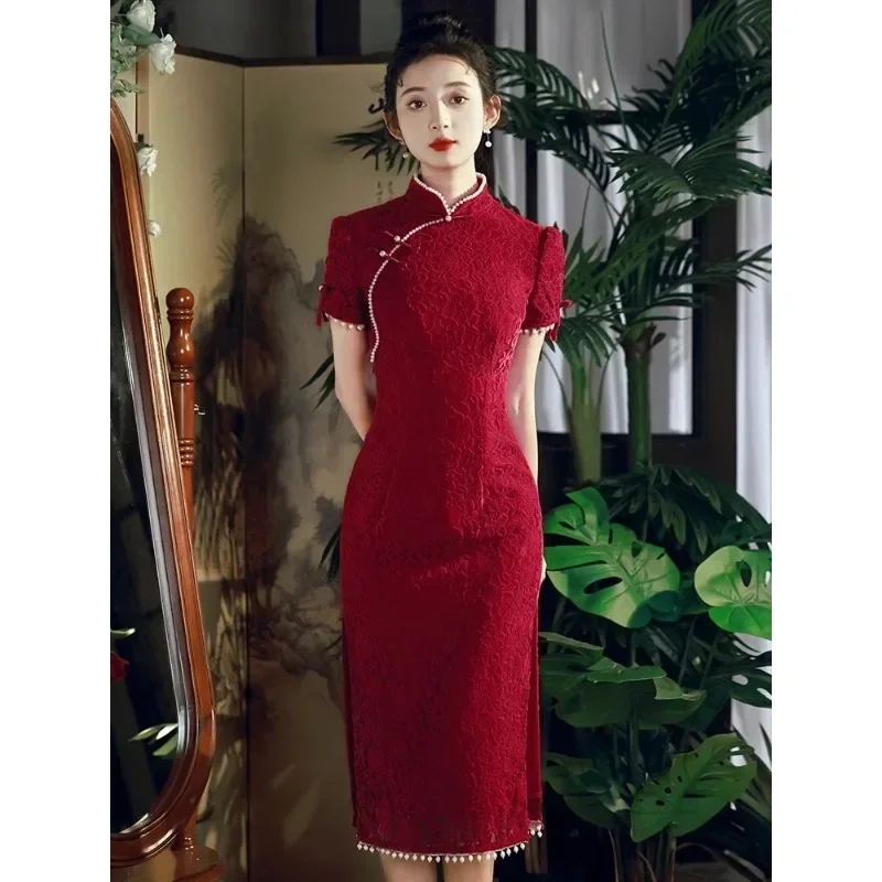 

Luxury Red Plate Buckle Pearl Decorated Side Slit Cheongsam Dress Women Clothing Sweet Christmas Gift New Year Vestidos Qipao