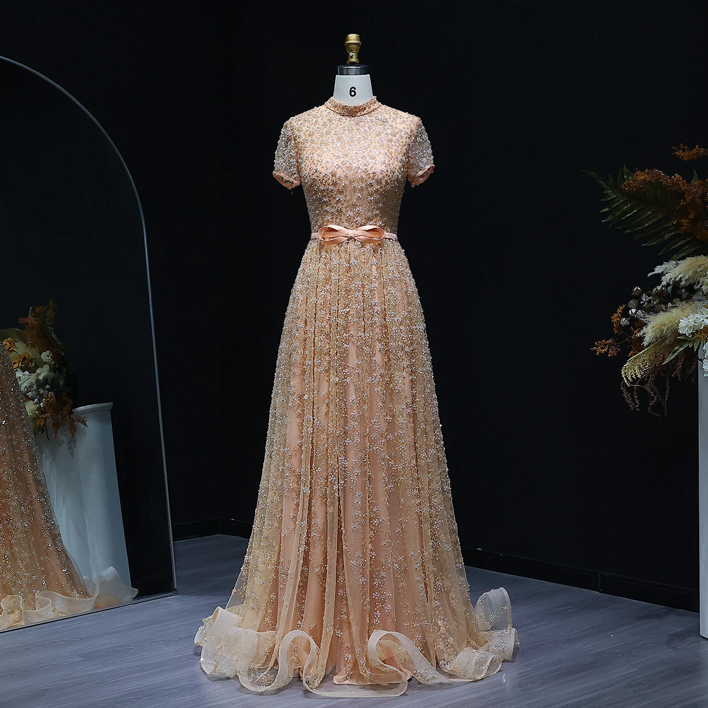 Sharon Said Elegant Embroidered Peach Evening Gown with Bow Luxury Beaded Arabic Women Wedding Party Dress SS304 Customized