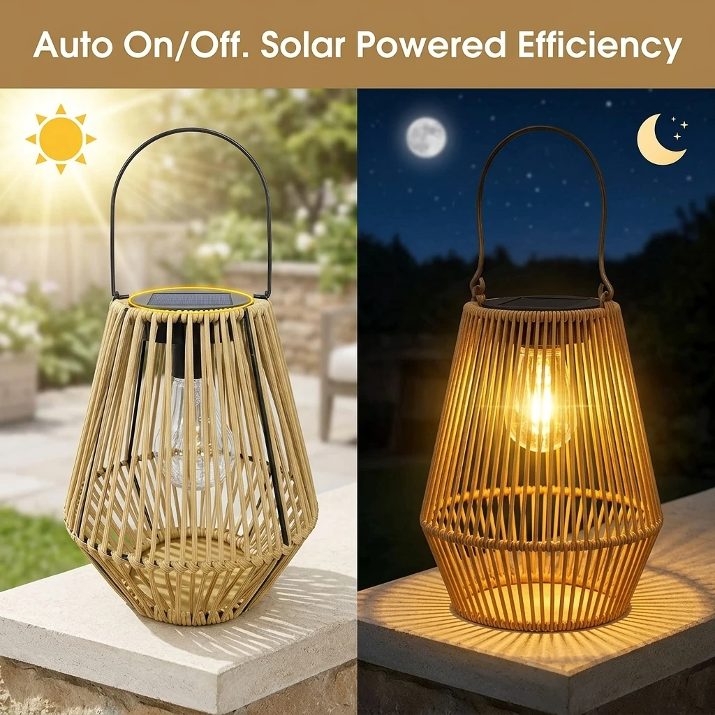 1Pc Solar Outdoor Lantern Warm LED Glow Auto On/Off Sensor Wireless Solar Powered Faux Rattan Hollow Woven IP65 Waterproof Rustic Shadow Projection Patio Garden Decor With Portable Handle Ideal Housewarming Gift
