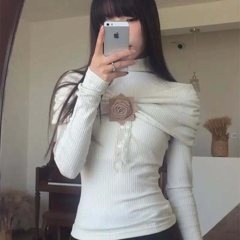 Three-Dimensional Rose Harajuku Women Sweater Turtleneck Korean Style Fashion Retro Long Sleeve Elegant Slim Autumn