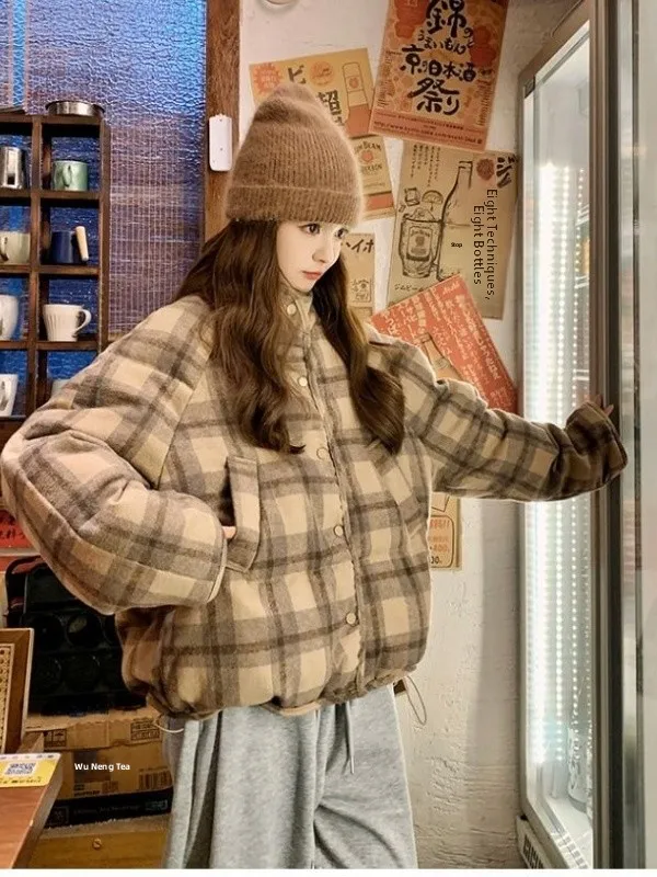 Retro ort Puffer Jaet frauen Winter Thi Warme Koreanische Sle Plaid Lose Brot Mantel Casual Pendeln Sle Oberbekleidung
