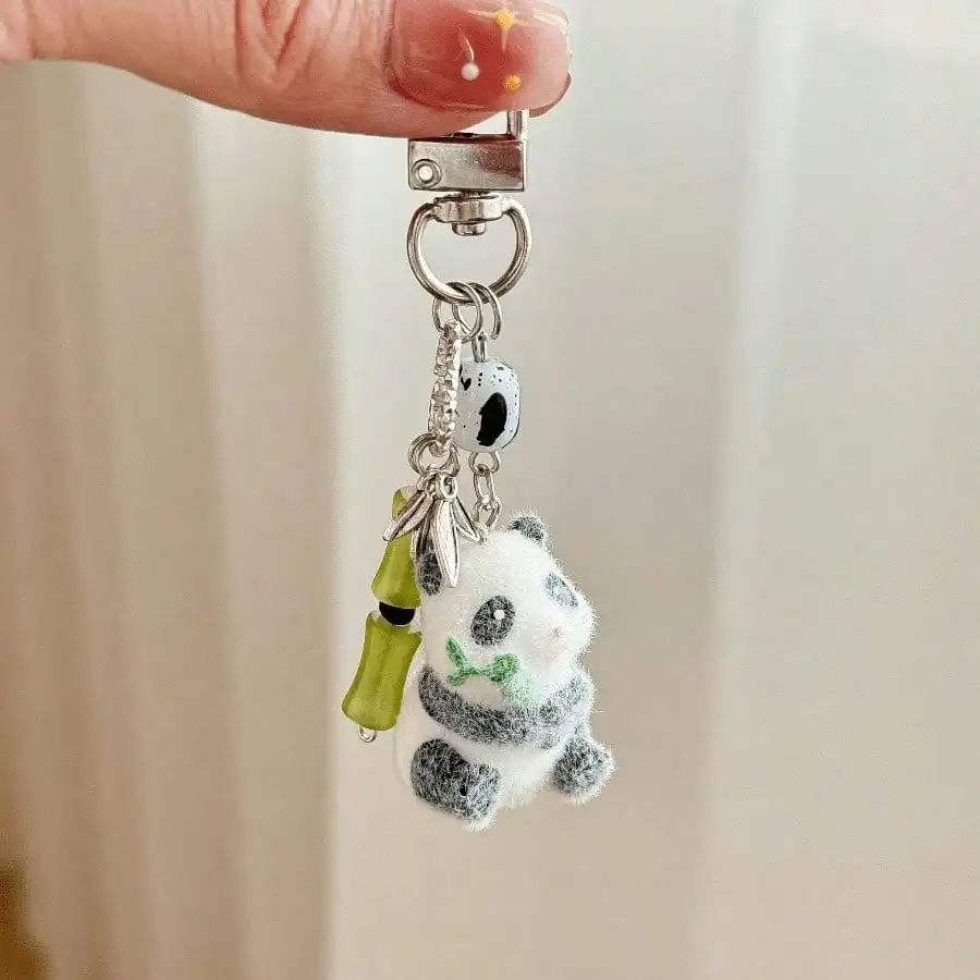 

[Rising Steadily] Cute Flocking Panda Mobile Phone Pendant, Auspicious Bamboo Keychain, Niche Schoolbag Pendant