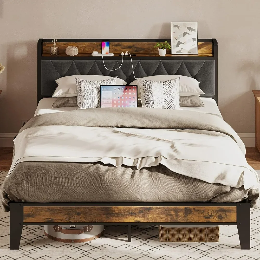 

bed.Full Size Bed Frame, Storage Headboard with Outlets, Easy to Install, Sturdy and Stable, No Noise, No Box Springs Needed