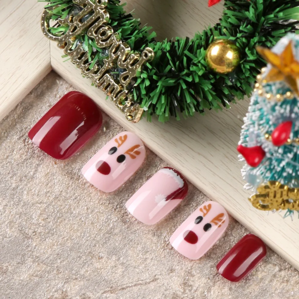 Uñas postizas desmontables, uñas postizas cuadradas francesas con diseño de alce, herramienta de extensión de manicura, 24 piezas de Navidad