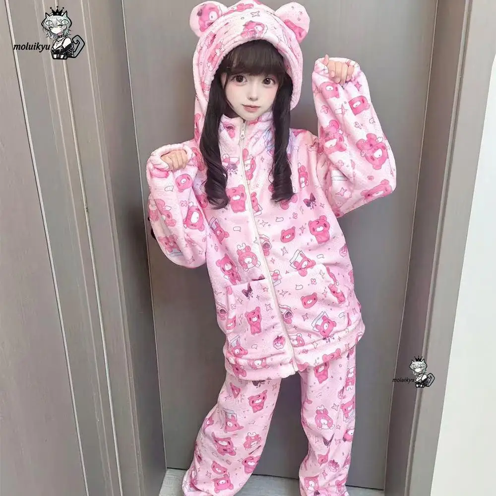 Women Flannel Pajamas Set Y2K Dark Kawaii Hooded Sleepwear Cute Bear Ear Zip Up Long Sleeve Pants Harajuku Anime Home Outfit