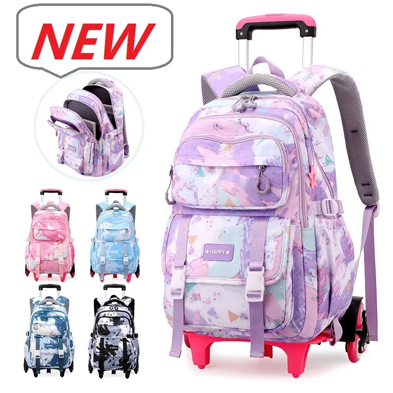 2025 New Rolling School Bags for Girls Back Pack Waterproof School Backpacks with Wheels Middle School Trolley Luggage Bagpack