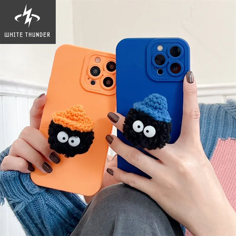 For iphone 11 12 13 Pro Max X XR Xs Max 7 8 Plus Phone Case Cute Cartoon Plush Briquettes Bracket Full Edge Anti-fall Cover