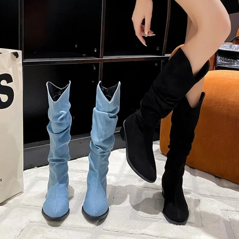 Denim Knee High Cowboy Boots for Women Autumn Pleated Chunky Heels Long Boots Woman Pointed Toe Low Heel Botas Mujer 2024