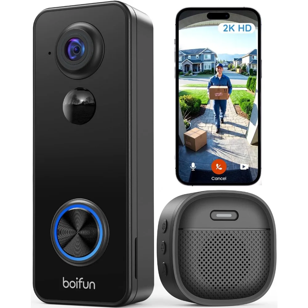 Wireless Doorbell Camera: 180° View, 2K HD, AI Human Detection, Night Vision, Battery Powered