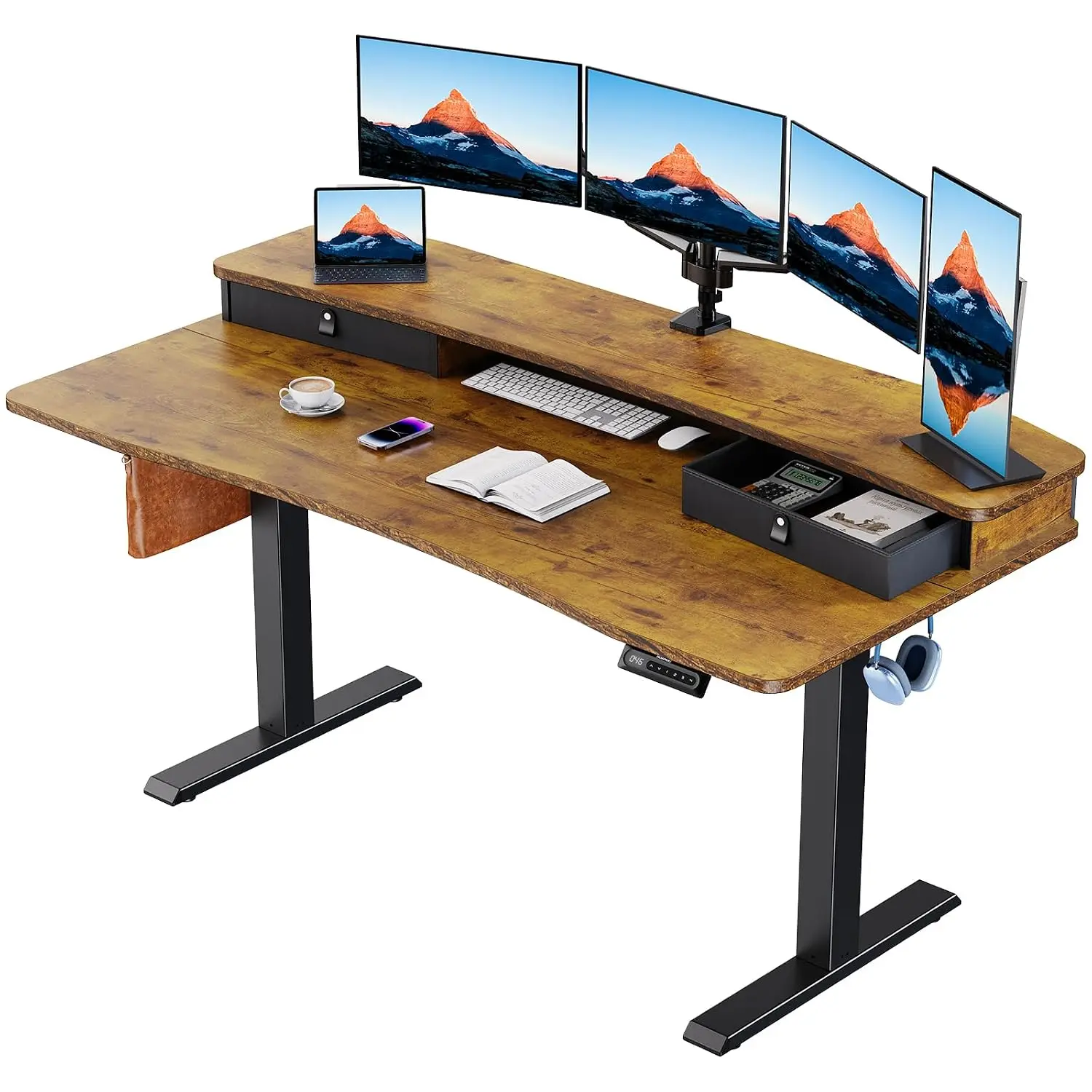 60x30 Inch Electric Standing Desk with 2 Drawers C-Clamp Mount 4 Preset Heights 2 Hooks Home Office, Customized