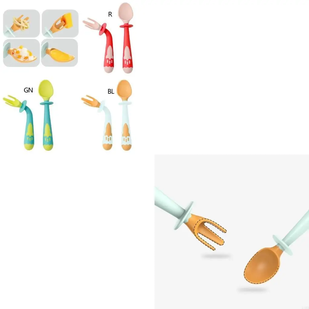 

Набор силиконовых ложек и вилок из 2 предметов, гибкая детская утварь для самостоятельного кормления, тренировочные столовые