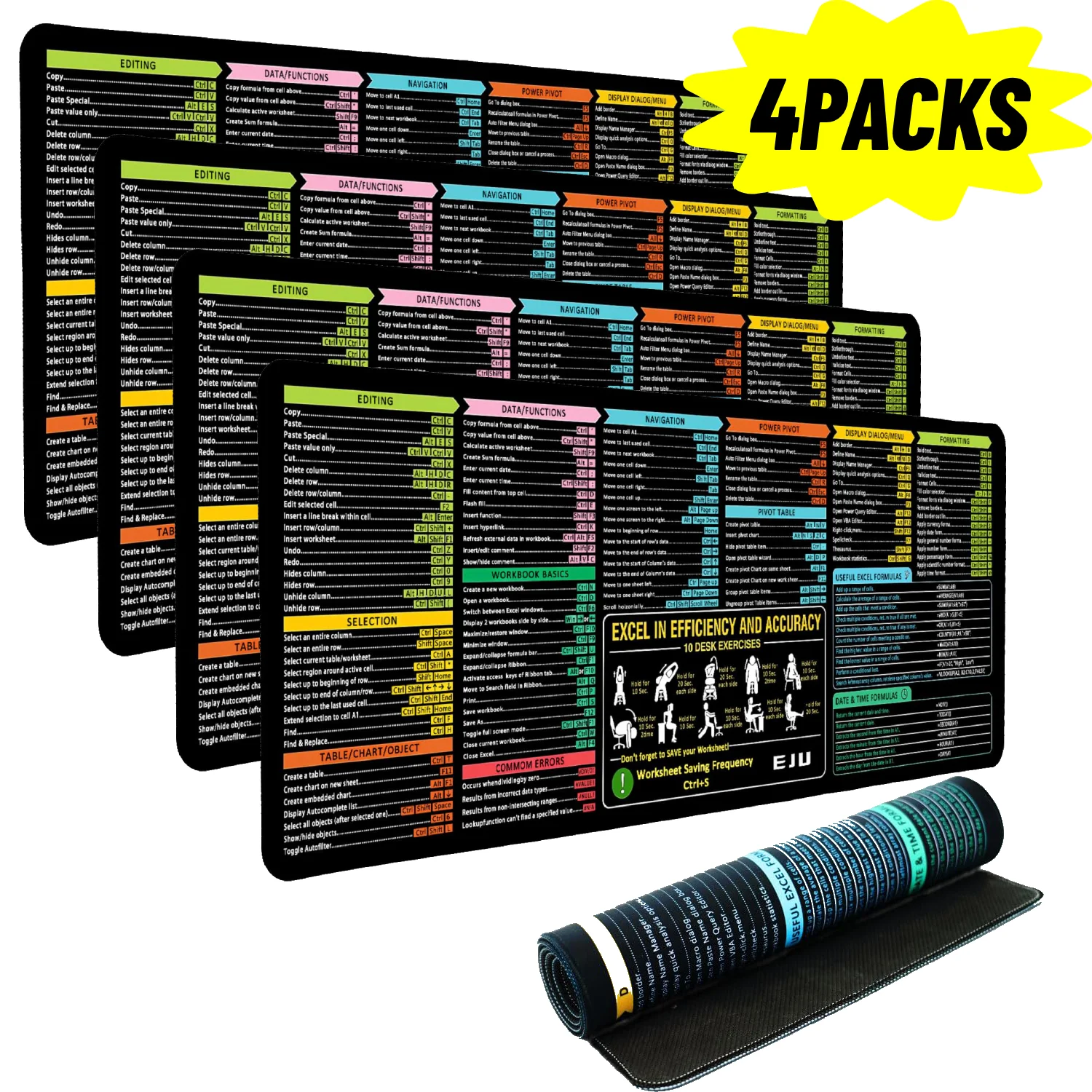 4 قطع كبيرة من وسادة مكتب Excel Cheat Sheet، لوحة ماوس كمبيوتر المحاسبة، هدية الموظف، غطاء مكتب XL، مستلزمات الكمبيوتر المكتبية