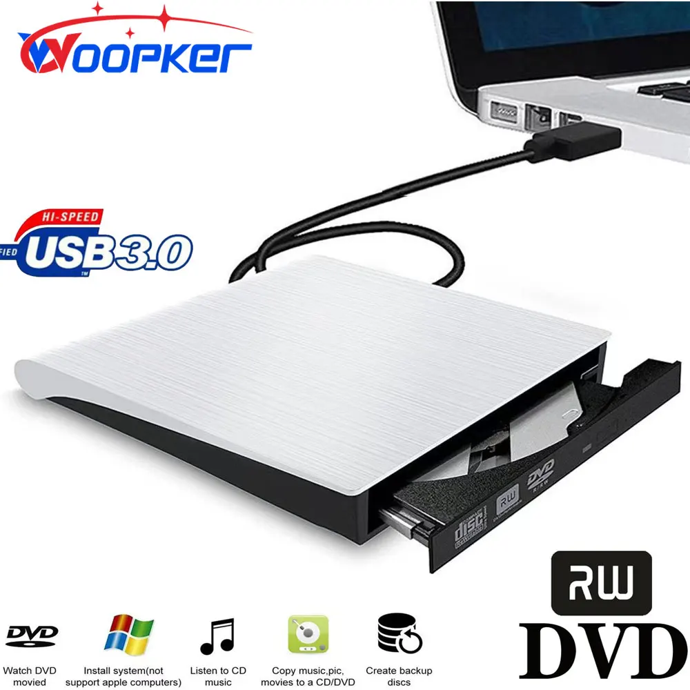 Woopker-Lecteur DVD externe USB 3.0, portable, lecteur DVD RW, graveur de CD, compatible avec ordinateur portable, ordinateur de bureau, Windows, Linux, OS, Apple Mac, noir